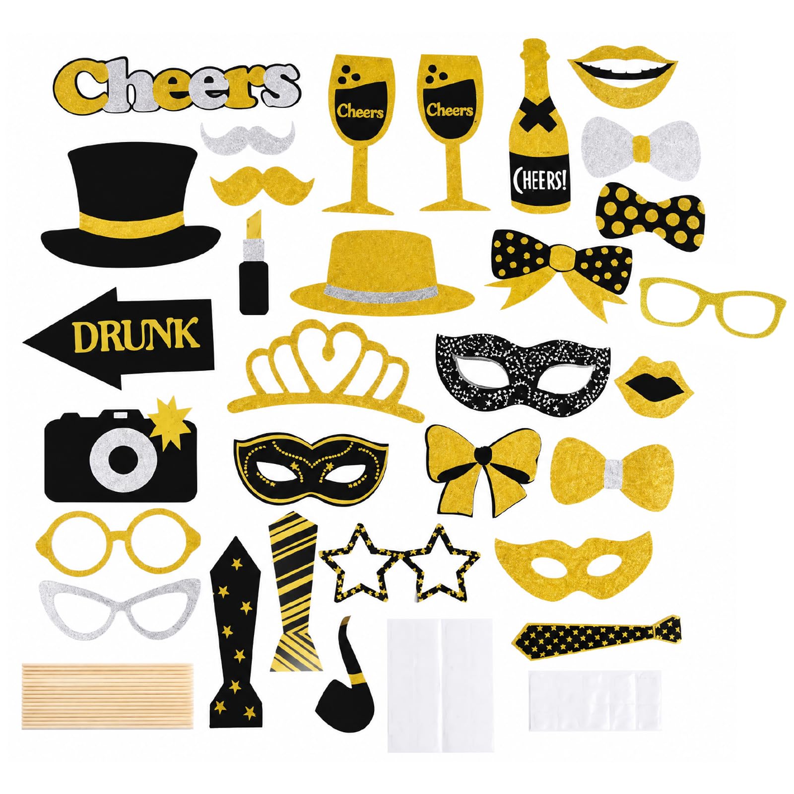 30 Pcs Photo Booth Props Kit, Black and Gold Party Decorations, Funny Photobooth Party Props with Glasses, Hats, Ties, Mustaches and Lips for Birthday, Wedding, New Years Eve Celebrations