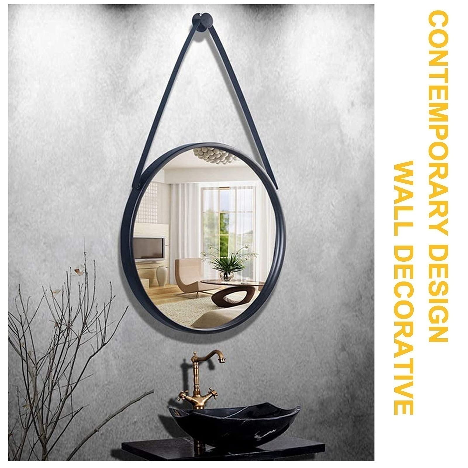 Specchio da Parete Rotondo Specchio Decorativo con Cinghia per Appendere Gancio/Gancio Hardware Nero, Specchio da Bagno Specchio da toeletta Specchio da Barba Montato a Parete, Decorazioni d