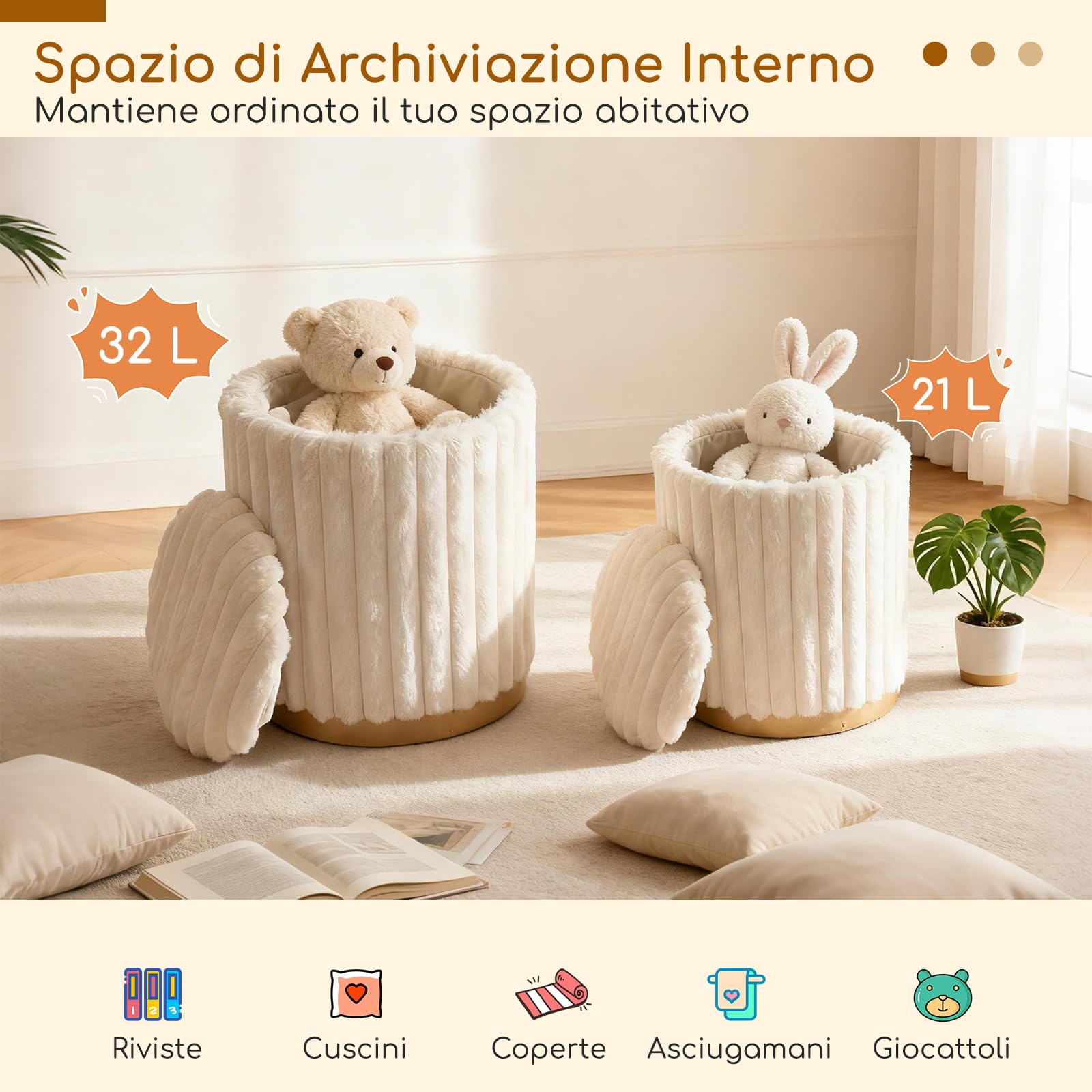 COSTWAY Set di 2 Pouf Contenitori Rotondi, 32L+21L, in Pelo di Coniglio | Sgabelli Contenitori Impilabili con Coperchi Rimovibili e Scomparti Nascosti per Soggiorno e Camera da Letto