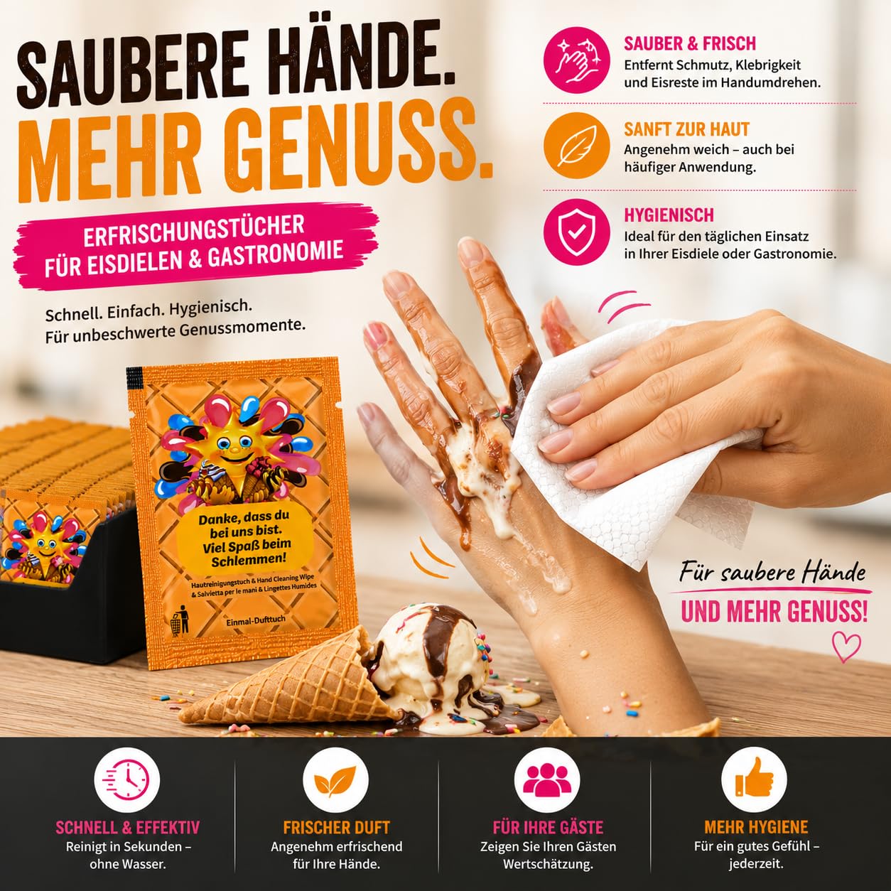 500 Stk Erfrischungstücher einzeln verpackt – Feuchttücher für Gastronomie, Restaurant, Pizza & Fingerfood – Catering Handreinigungstücher Großpackung – Islak Mendil (EisZauber)