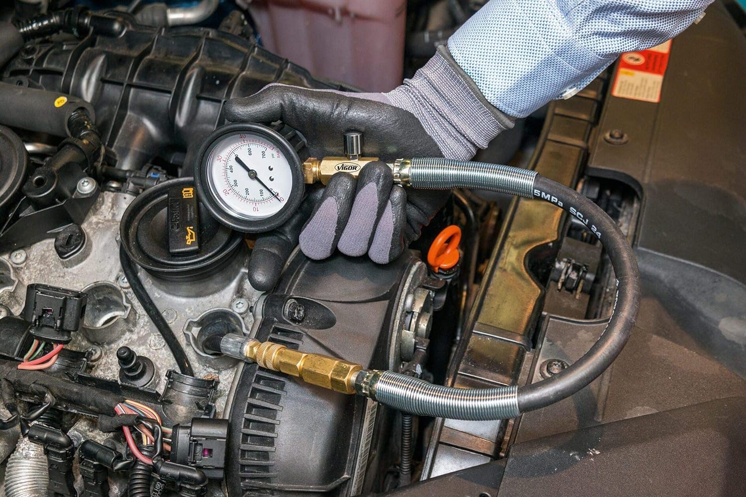 VIGOR compression and pressure loss tester set V4461, for diesel and petrol engines, professional testing of compression or pressure loss for most car, truck and other engines' motores | 4890 g, 48 piezas, para motores diésel y gasolina, adaptador de bují