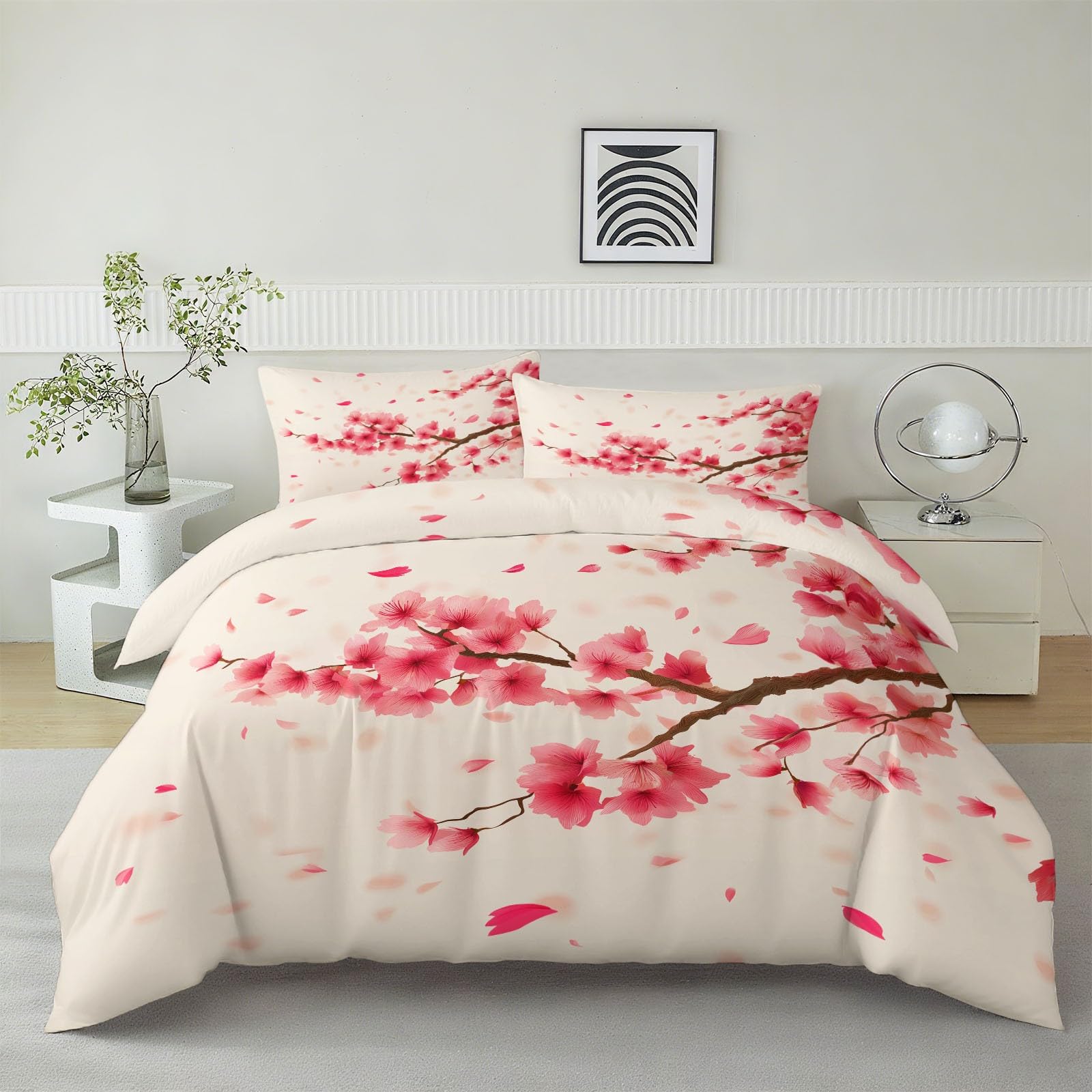 Housse de couette 240x260 fleurs de cerisier anti-plis en microfibre beige