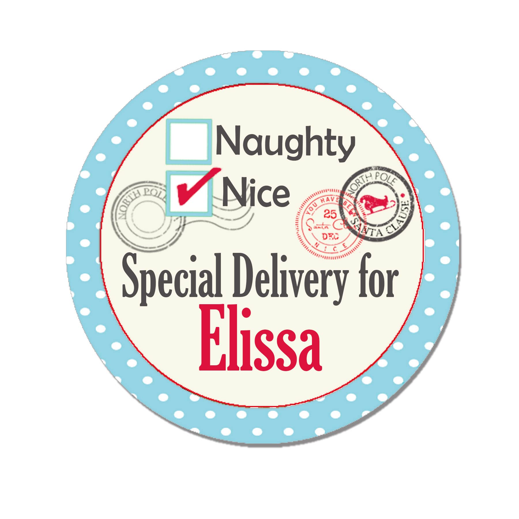 Treasured Forever Blue 24 Personalised Christmas Stickers Gift Tag Labels Present Delivery From Santa Naughty Or Nice (Circle)