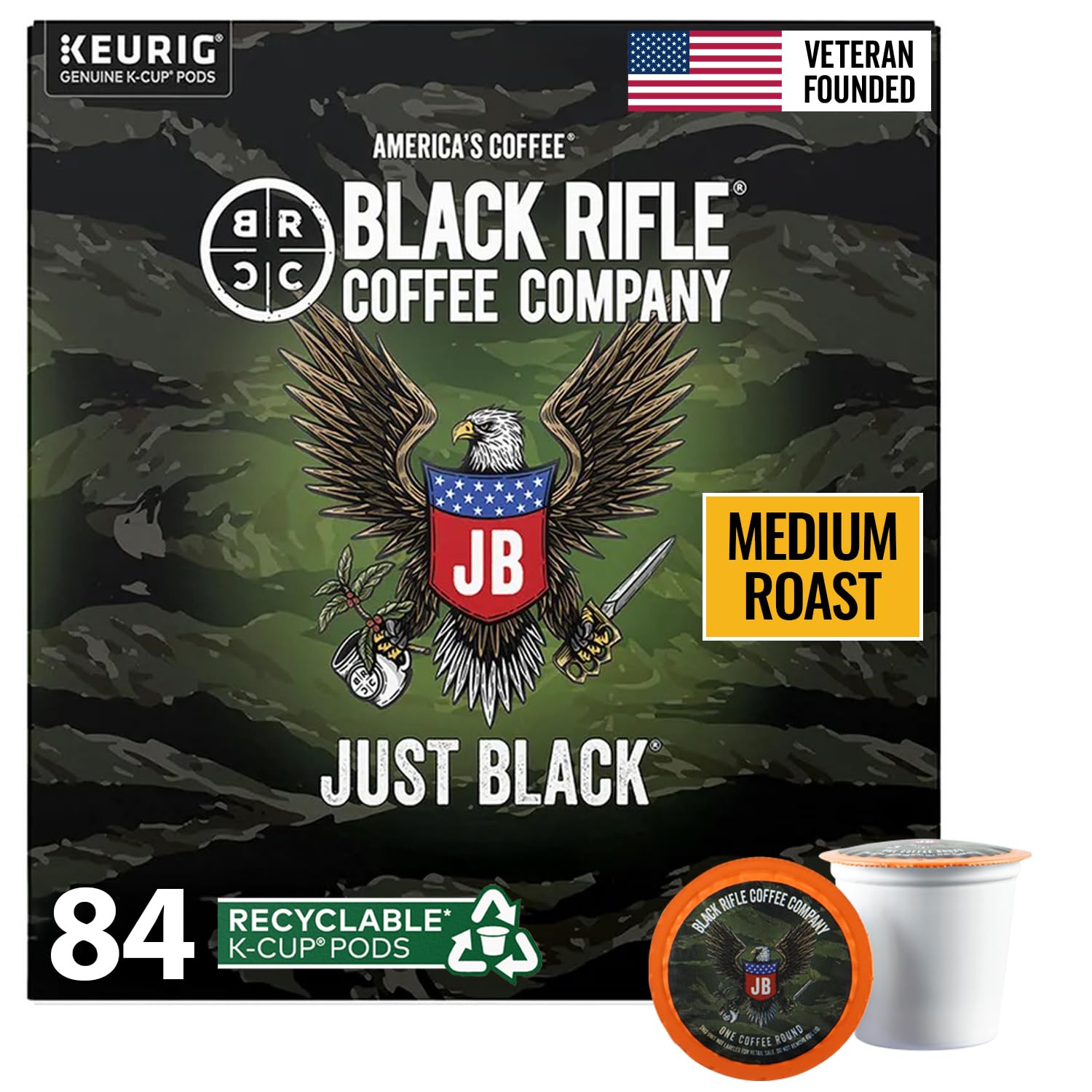 Black Rifle Coffee Medium Roast K Cup Coffee Just Black 84 Count | Veteran Founded, 100% Arabica, cocoa, vanilla & buttery notes, Fits All Keurig Models, coffee pods, keurig