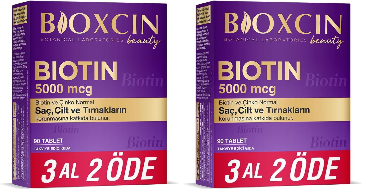 Bioxcin Biotin 5000 mcg | Saç ve Tırnak Sağlığı İçin Biotin + Çinko | Yorgunluk ve Enerji Metabolizması Desteği | 90 Tablet | Şeker ve Gluten İçermez (2 paketi)