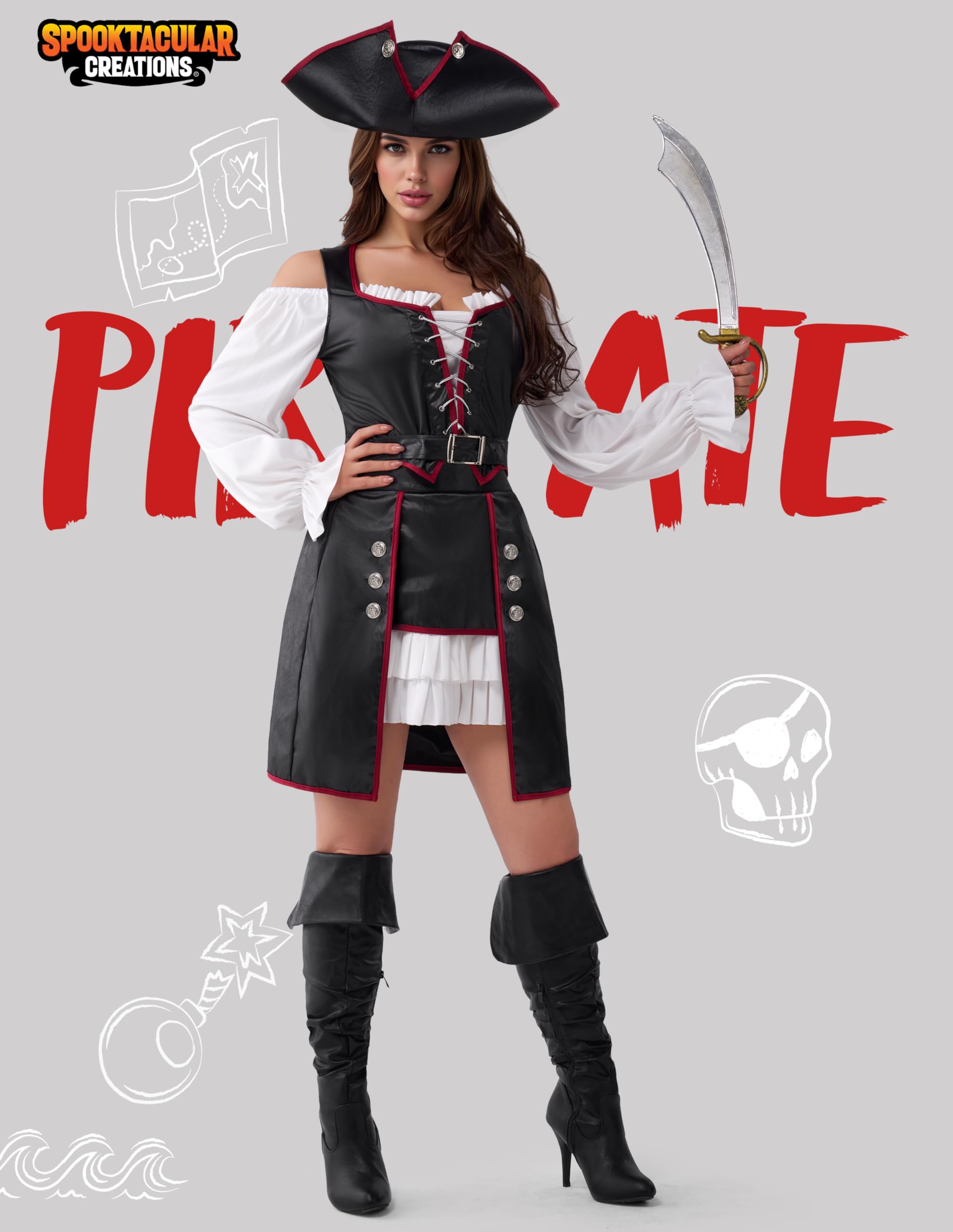 Spooktacular Creations Déguisement de pirate d'Halloween pour femme, tenue de pirate Renaissance avec chapeau et ceinture pour soirées cosplay à thème