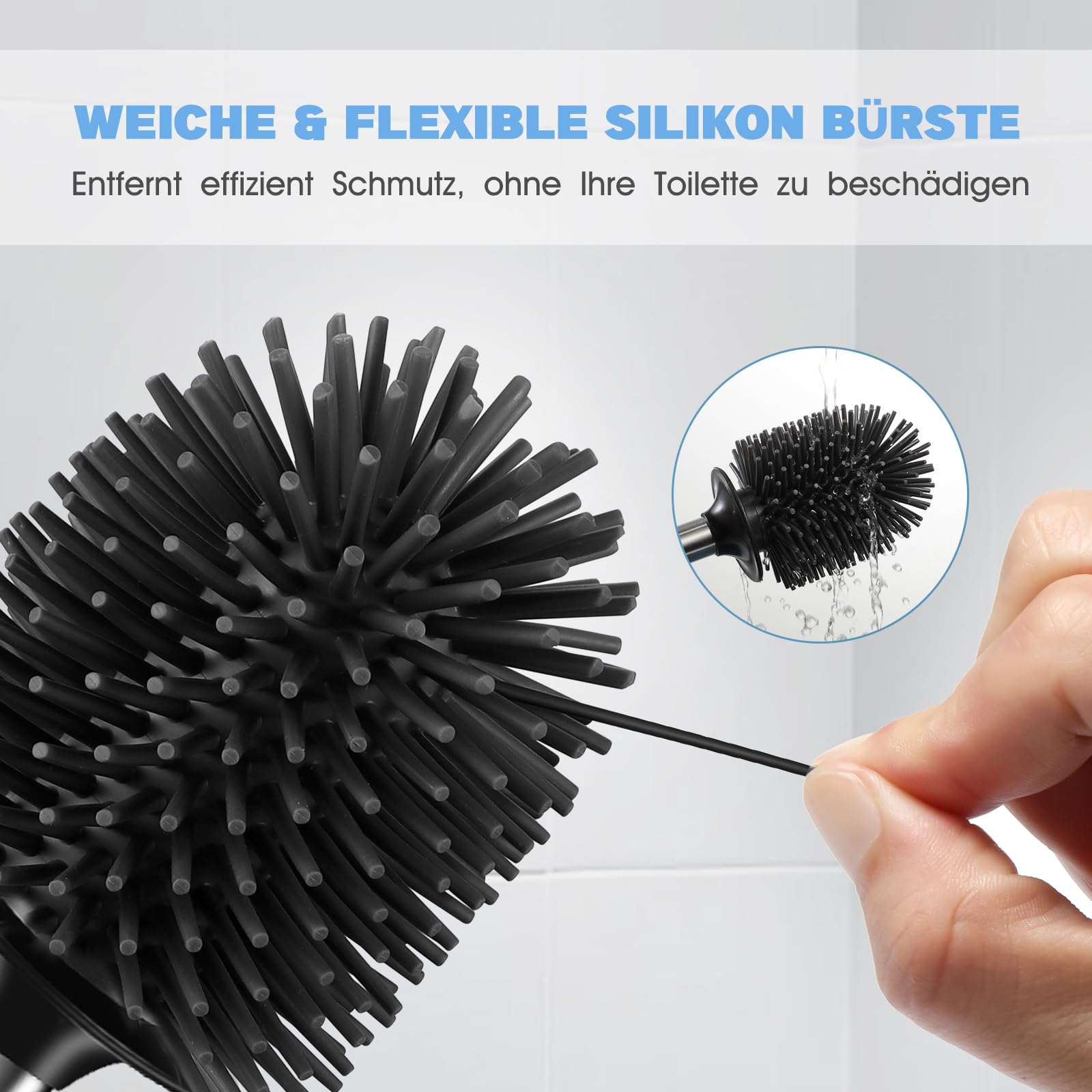 HAMITOR Klobürste Silikon WC Bürsten Edelstahl: Tiefenreinigüng Toilettenbürste mit Halter und Randreiniger-Flexible Klobürstenhalter Set fur Badezimmer Stehen Klobürste