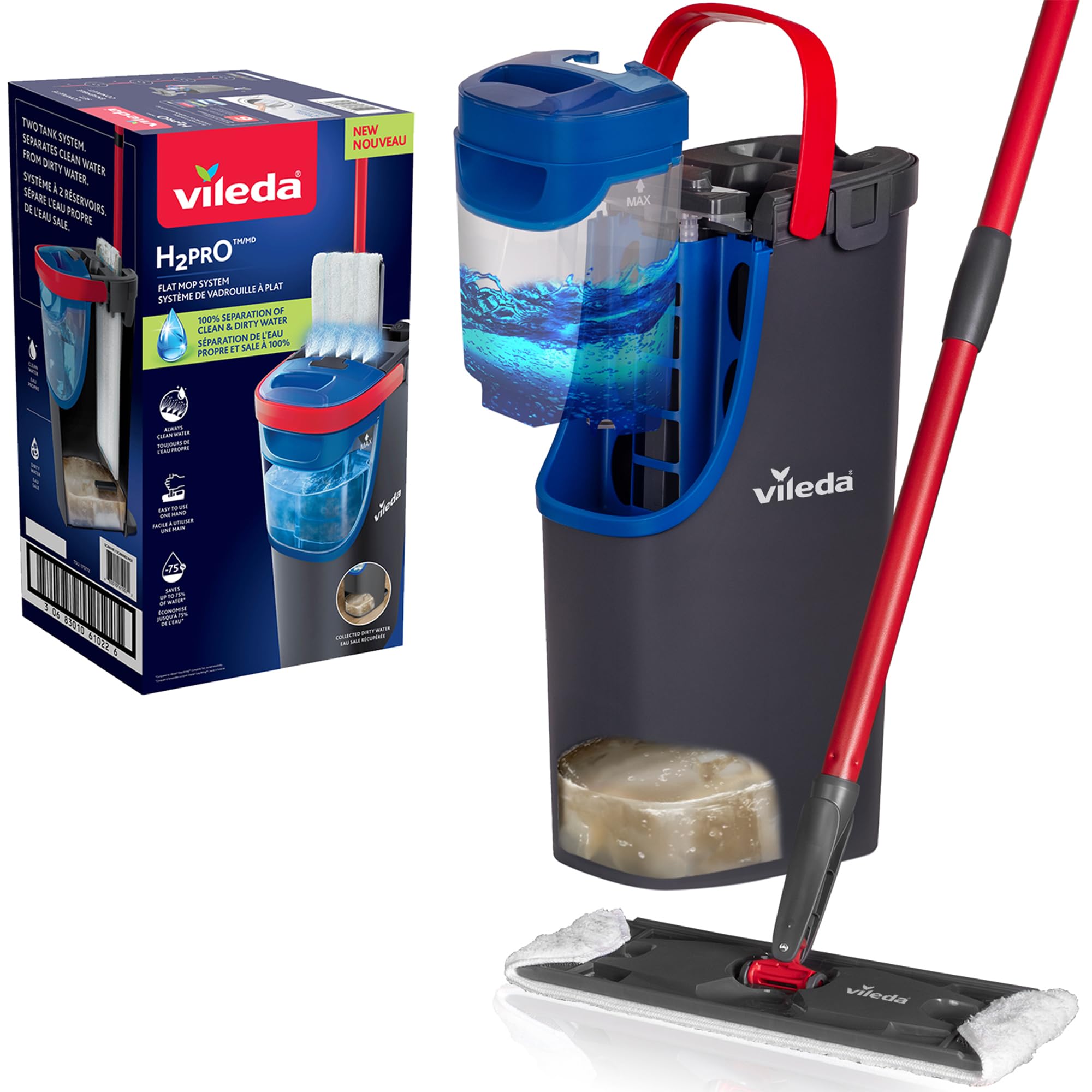 Vileda H2PrO Bodenwischer | 100% Trennung von Frisch- und Schmutzwasser | Wassersparendes Design | Einhandbedienung | Kompakte Aufbewahrung | Ergonomischer Griff | Mikrofaser | Comfort-Pack
