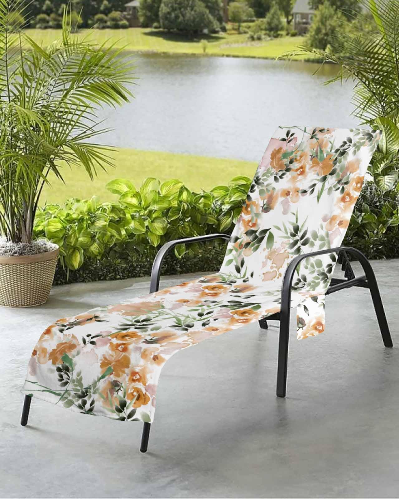 Vintage Orange Rose Beach Chair Towel Covers for Chaise Lounge with Side Pocket, Soft Plush Pool Towels Cover for Patio Sunbathing Outdoor 29''x85'' Botanical Wildflower Sage Leaves