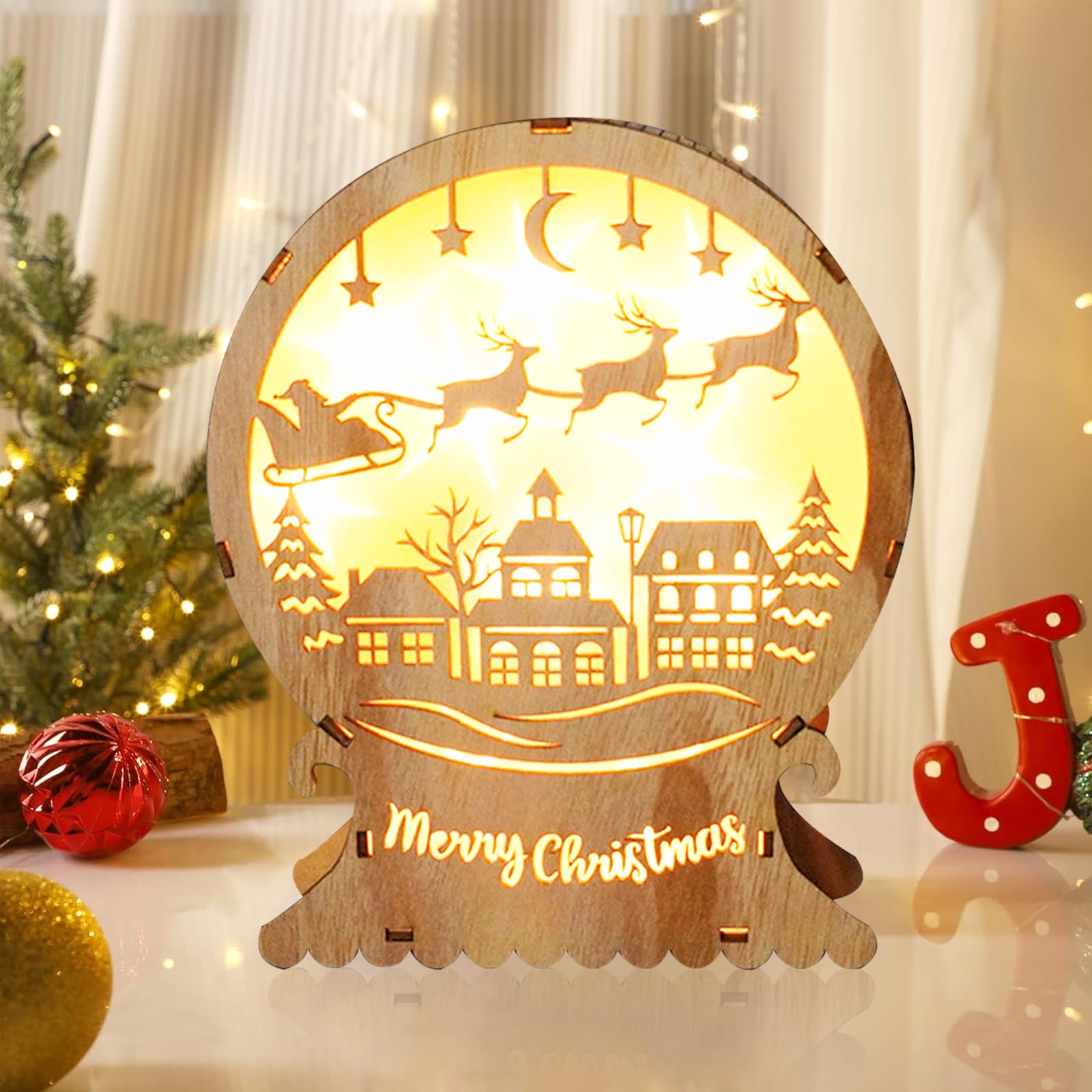 HUIKUANGEU Decoración Navideña Iluminada de Madera Led,Led de Madera Luces de Navidad,Decoración Navideña Luz Decoración,Adornos Navideños, para Centros de Mesa Luminosos de Navidad,Trineo