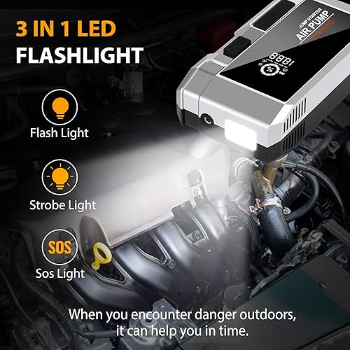 Miniatura 6 de Q17 Arrancador con compresor de aire, batería portátil de arranque de 4000A 150PSI (hasta 10.0L de gasolina8.0L diesel), 12V Jump Box Car Battery