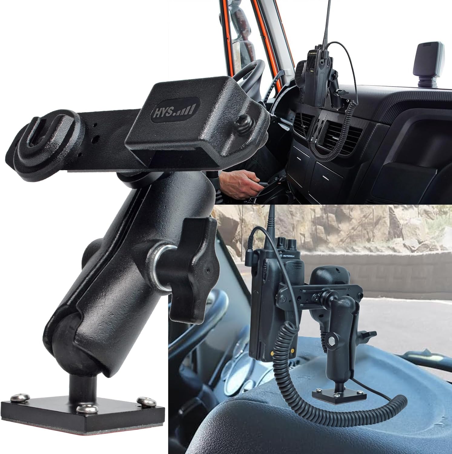 HYS Duty Drill Base Tablet Holder Mount for Truck & Vehicle, Drill Base Tablet Holder with Aluminum Arm for All HT’S Radio with Belt Clip Motorola SL300, APX6000, APX8000, & Cb Radio Mic Hang Up
