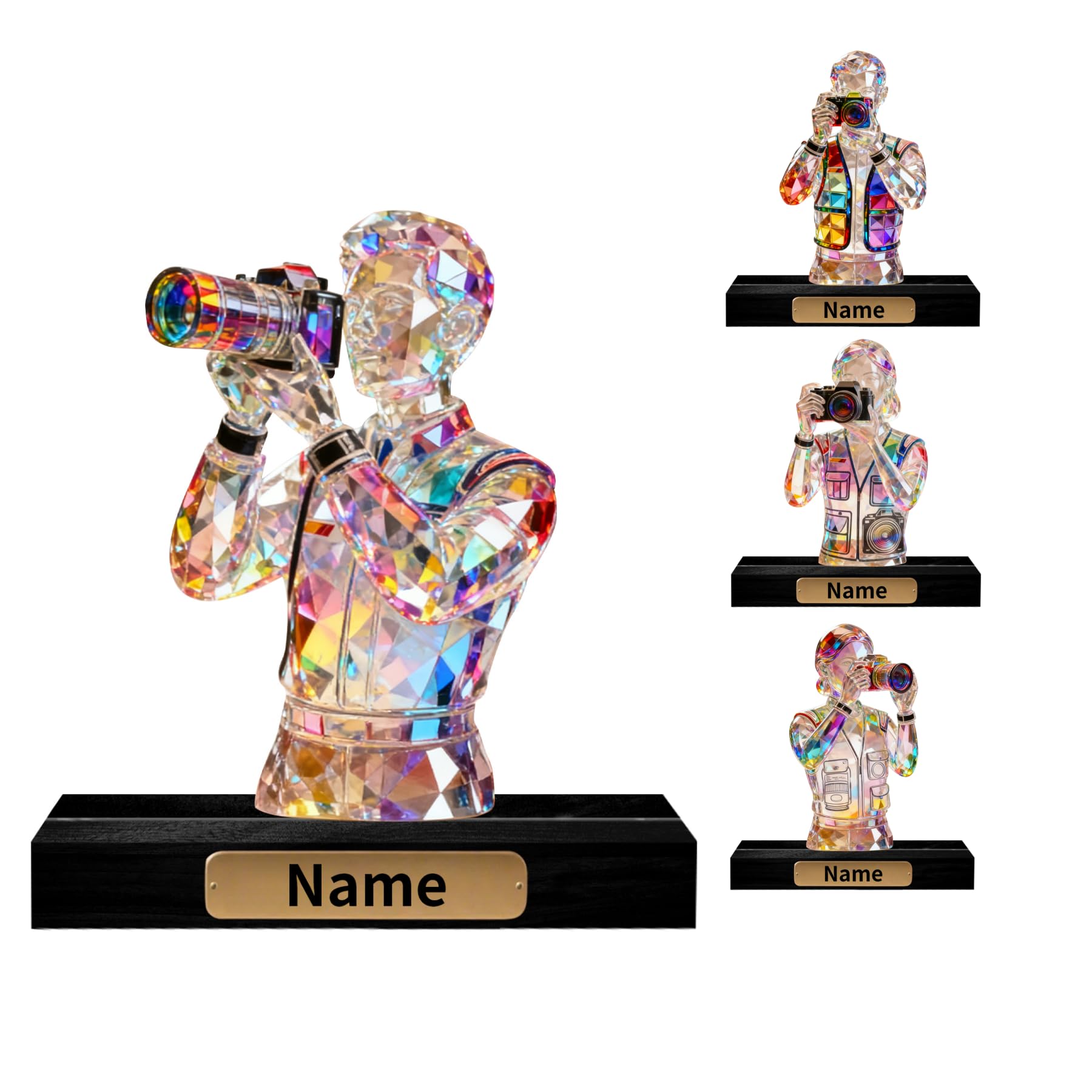 VWCSDSCS Personalized 2D Flat Crystal-Like Photographer Figurine, Colorful Camera & Photography Attire Decoration with Custom Name Plate, Desktop Ornament Gifts for Photography Enthusiasts Xmas