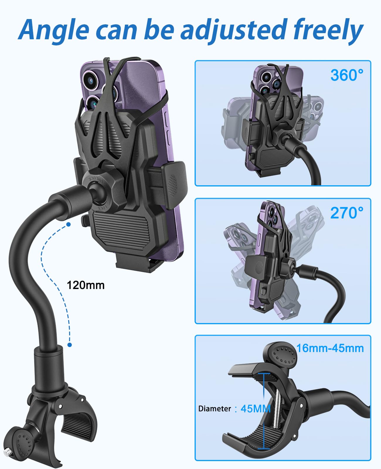 Soporte Movil Bicicleta, Soporte Teléfono Moto de Cuello de Cisne [Flexible Duradero] Porta Universal Manillar Scooter Patinete para iPhone 15 Pro MAX 14 13, Samsung, movils de 4-7"