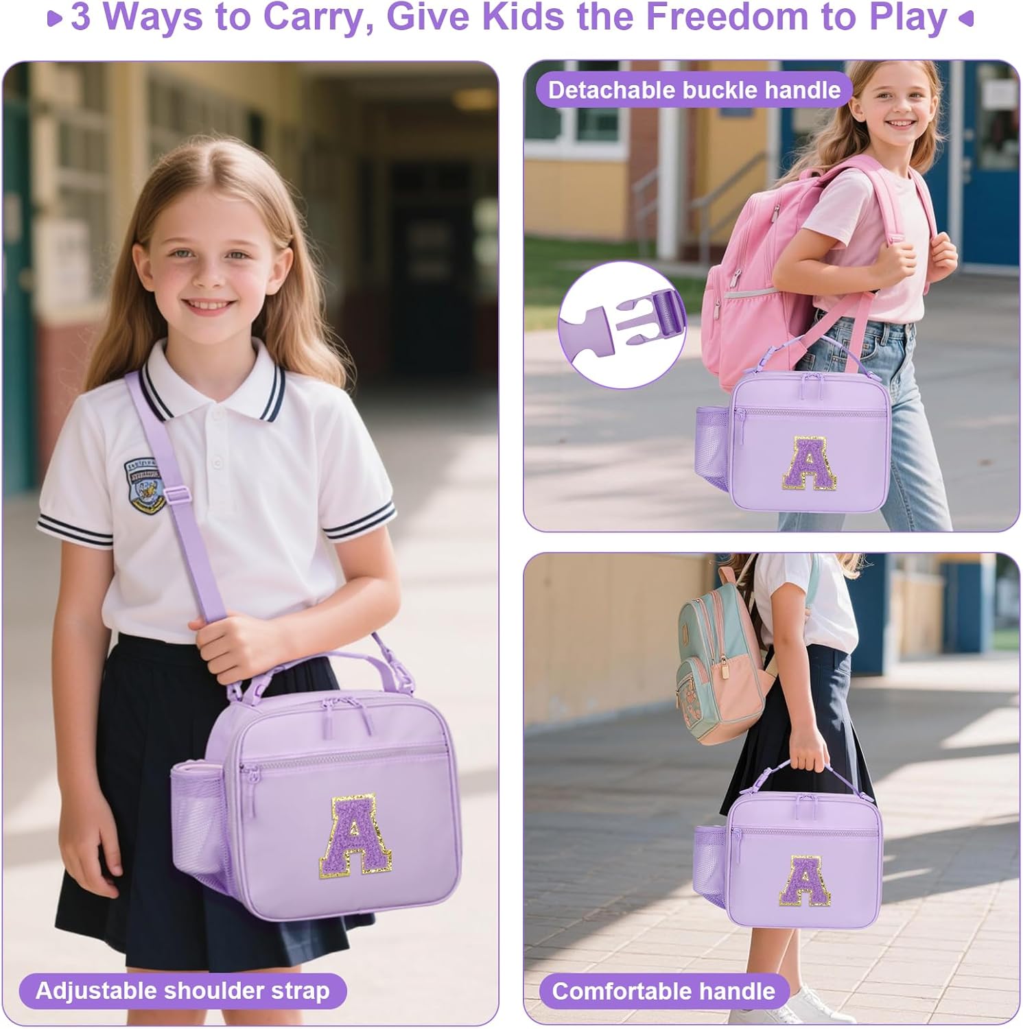 Kids Initial Lunch Bag, Reusable Insulated Lunch Box for Girls Toddlers, Back to School Gift, Leak-proof Cooler Bag for School Daycare Travel Picnic, Purple-A - Image 4