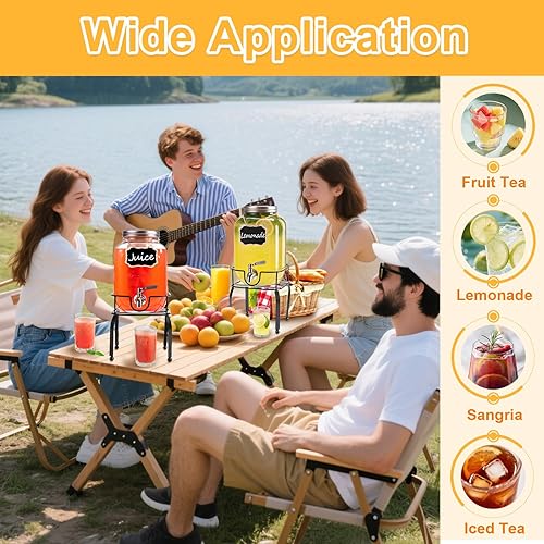 Miniatura 5 de Paquete de 2 dispensadores de bebidas de vidrio de 1 galón para fiestas, dispensador de bebidas con soporte, espita de acero inoxidable 188 a prueba