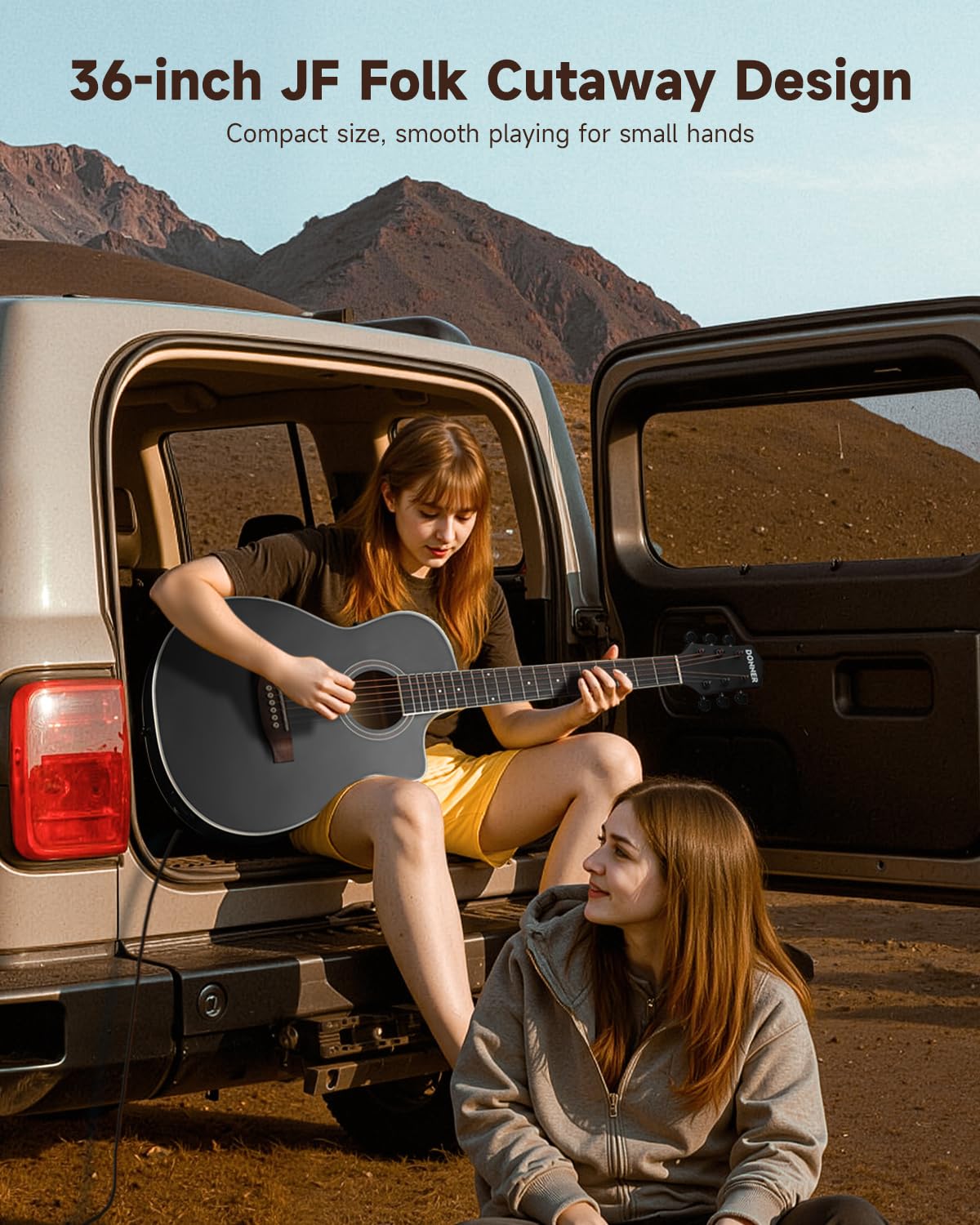 Donner Voyager - Kit per chitarra acustica elettrica JF Cutaway 3/4 con pickup e accordatore integrati, equalizzatore a 3 bande, kit di chitarra portatile da viaggio con custodia, capotasto, tracolla
