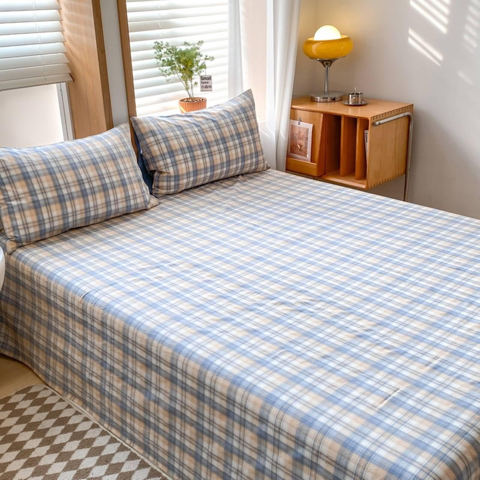 Beydodo Juego de 3 Piezas Sábanas 120 x 230 CM + 2 Fundas Almohada,Algodón Fundas Protectoras de Colchón Patrón de Plaid Azul Caqui