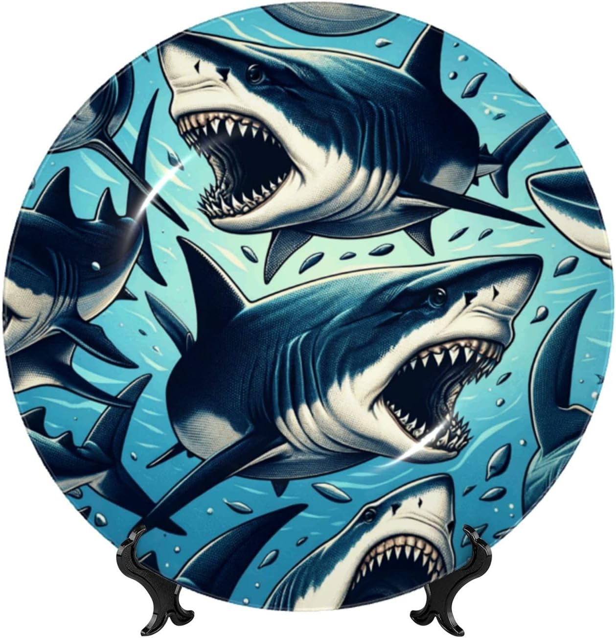 Shark-Open-Mouth-Sea 10 Inch Decorative Plate With Stand, Elegant Display Wall Plate For Home Decor