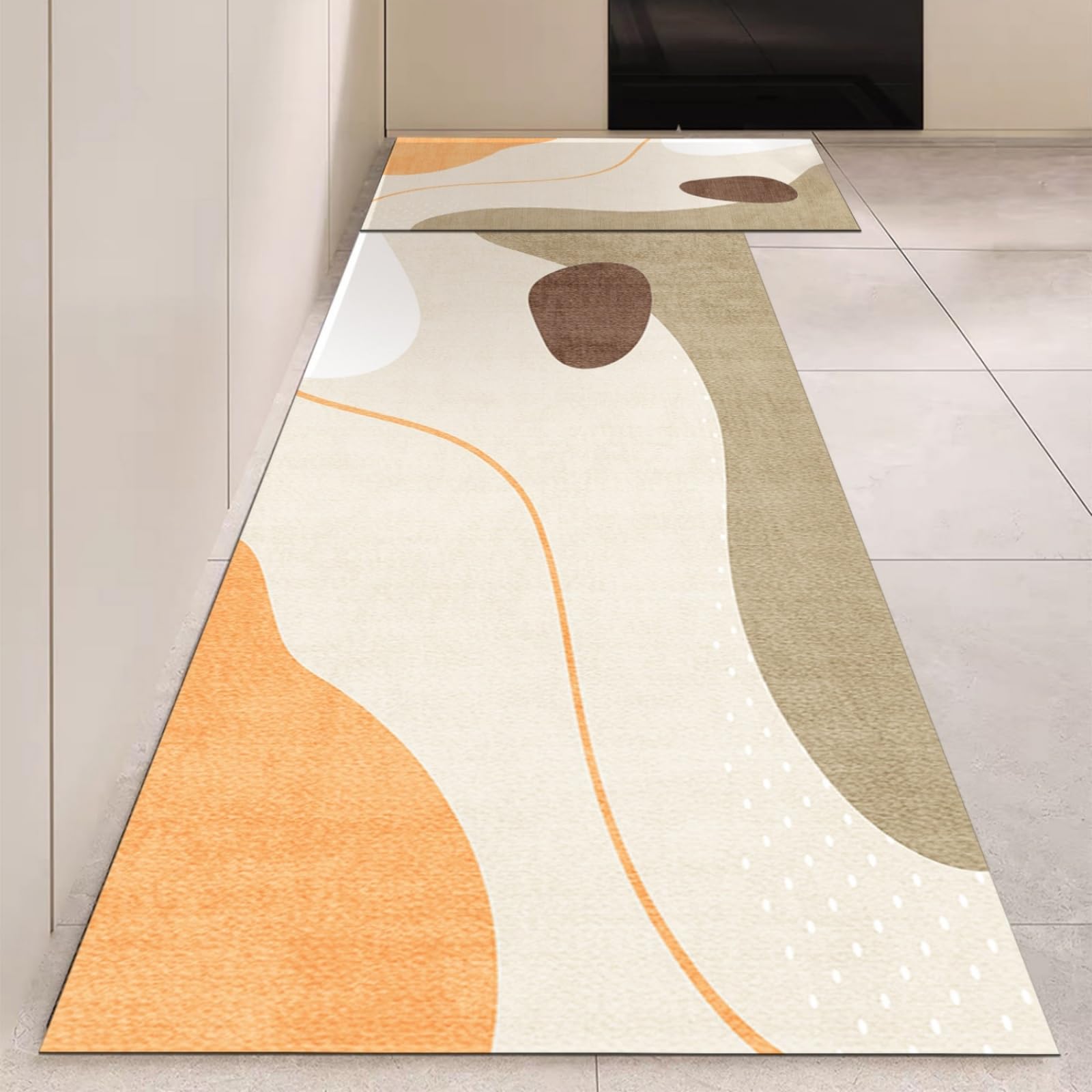 Tappeto Cucina 40X60Cm+40X120Cm Marrone Arancione Tappeto Cucina Antiscivolo Lavabile Set Di 2 Pezzi,Tappetino Multiuso In Pelle,Comodità E Resistente,Per Ingresso,Camera,Bagno