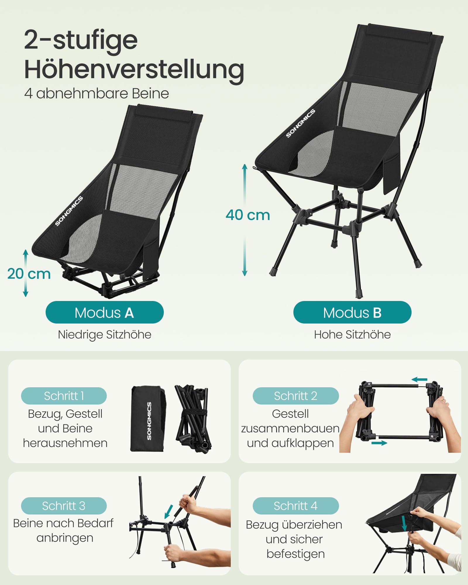 SONGMICS Campingstuhl, Strandstuhl hohe Rückenlehne, Gartenstuhl klappbar, höhenverstellbar, Stahlgestell, bis 150 kg belastbar, 2 Seitentaschen, Kopfstütze, Reisen, schwarz GCB051BZ01