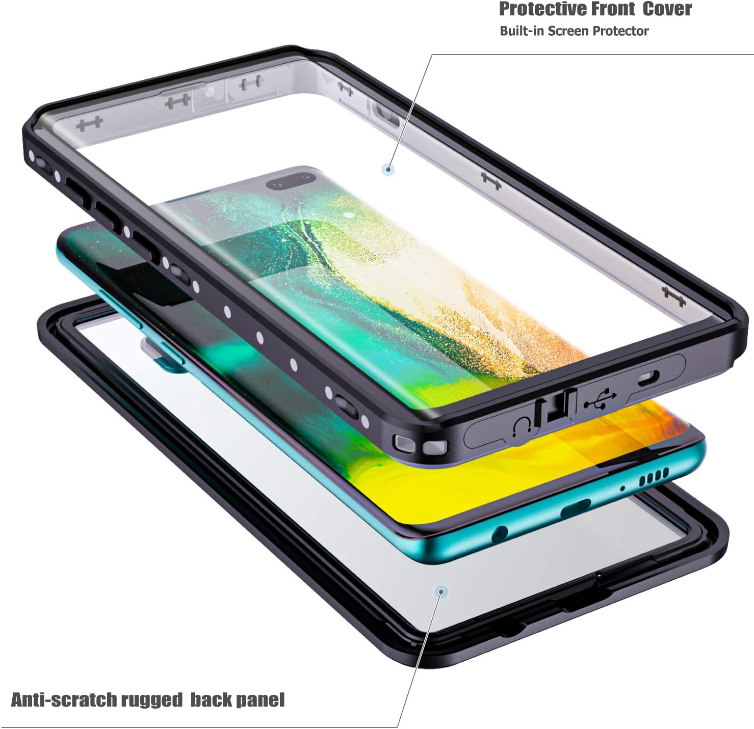 SPIDERCASE Samsung Galaxy S10 Plus S10+ Waterproof Case, Built-in Screen Protector Fingerprint Unlock with Film, Shockproof Full Body Cover Waterproof Case for Samsung Galaxy S10+ Plus 6.4 inch, 2019