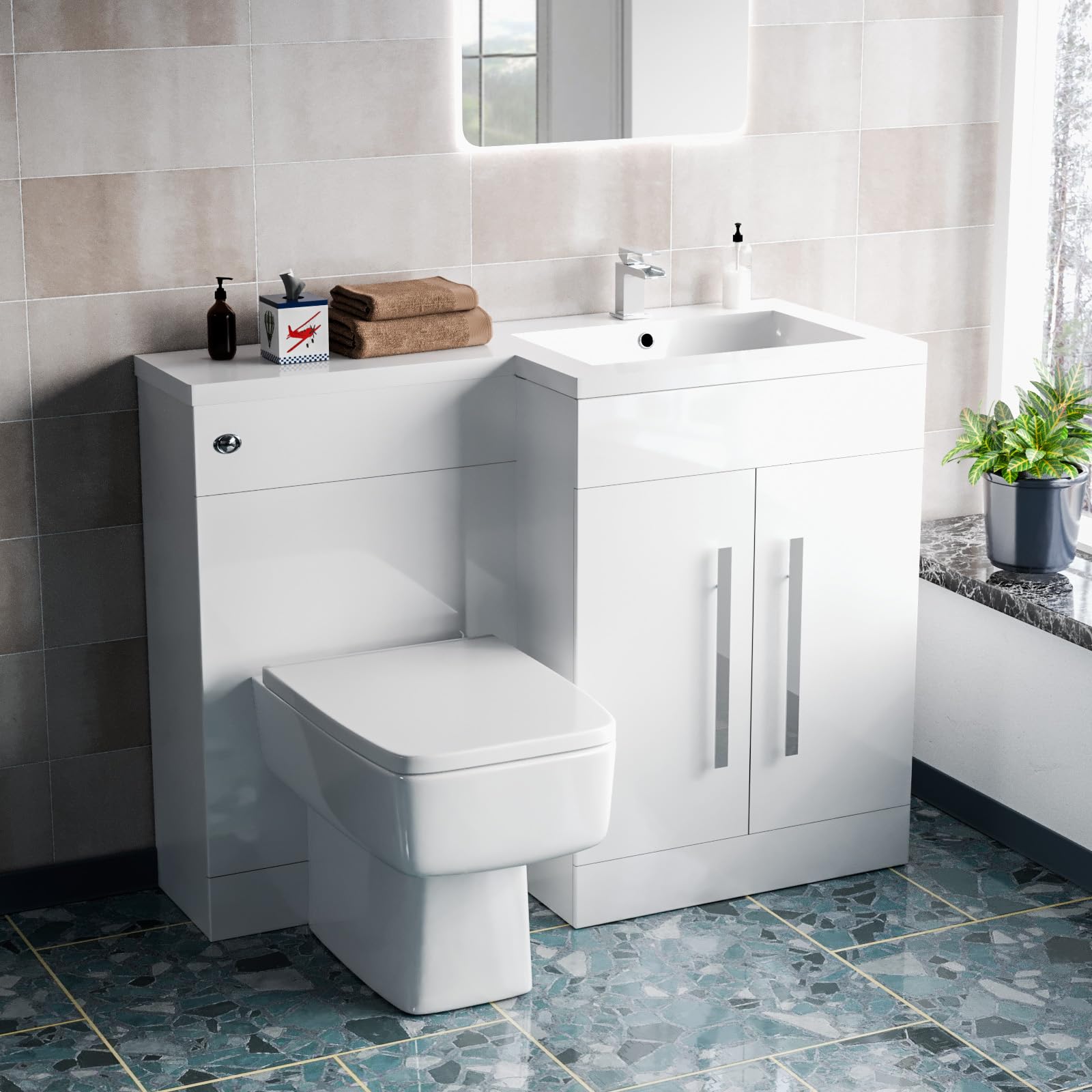 Nes Home Aric 1100mm RH Freestanding White Basin Vanity Unit with WC Unit & BTW Toilet