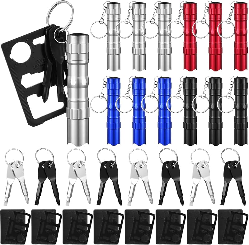 Glooglitter 24 Pcs Men Small Gifts Bulk Mini Screwdriver Flashlight Keychain Set Multitool Credit Card Survival Tool Party Favors for Men Employee Coworkers Gifts Baby Shower Prize Box Fillers