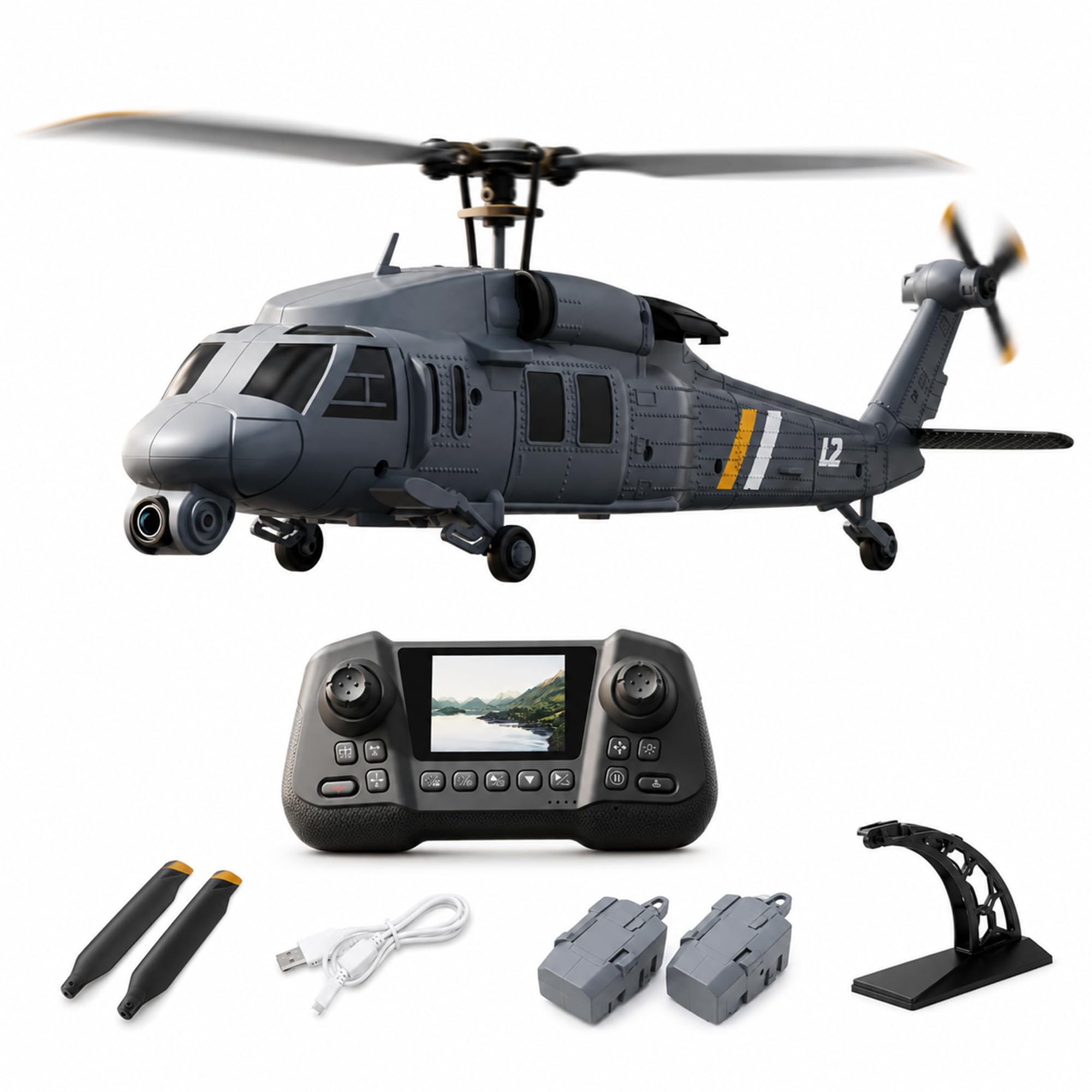 RC Helikopter Ferngesteuert 4CH mit HD Kamera, Display Controller, 2 Akkus | Brushless Motor, Optical Flow, Livebild-Fernbedienung und wechselbare Akkus für stabile Flugübungen