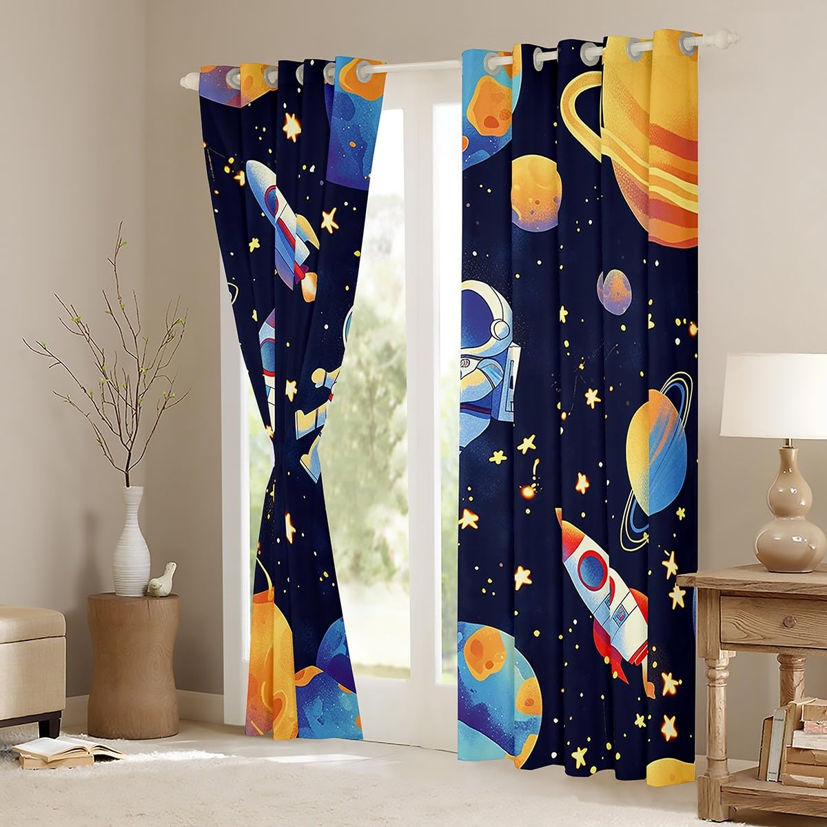 Homemissing Cosmonaut Spaceman Curtains (2 Panels,W52*L63) For Bedroom Kids Boys Teens Space Rocket Print Window Curtains Universe Planets 30%-50% Blackout Curtains Outer Space Window Treatments Decor - Image 3