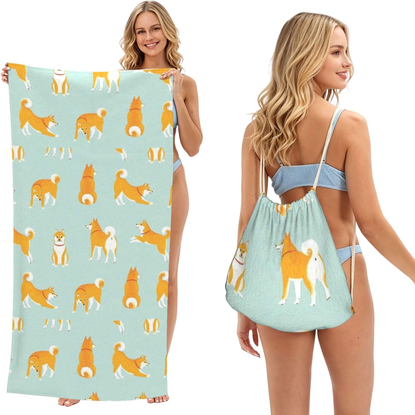 Poadnly As Picture Cute Shiba Inu Puppy, 2 In 1 Packable Towel Bag, Beach Towels With Drawstring Backpack For Travel Holiday Camping