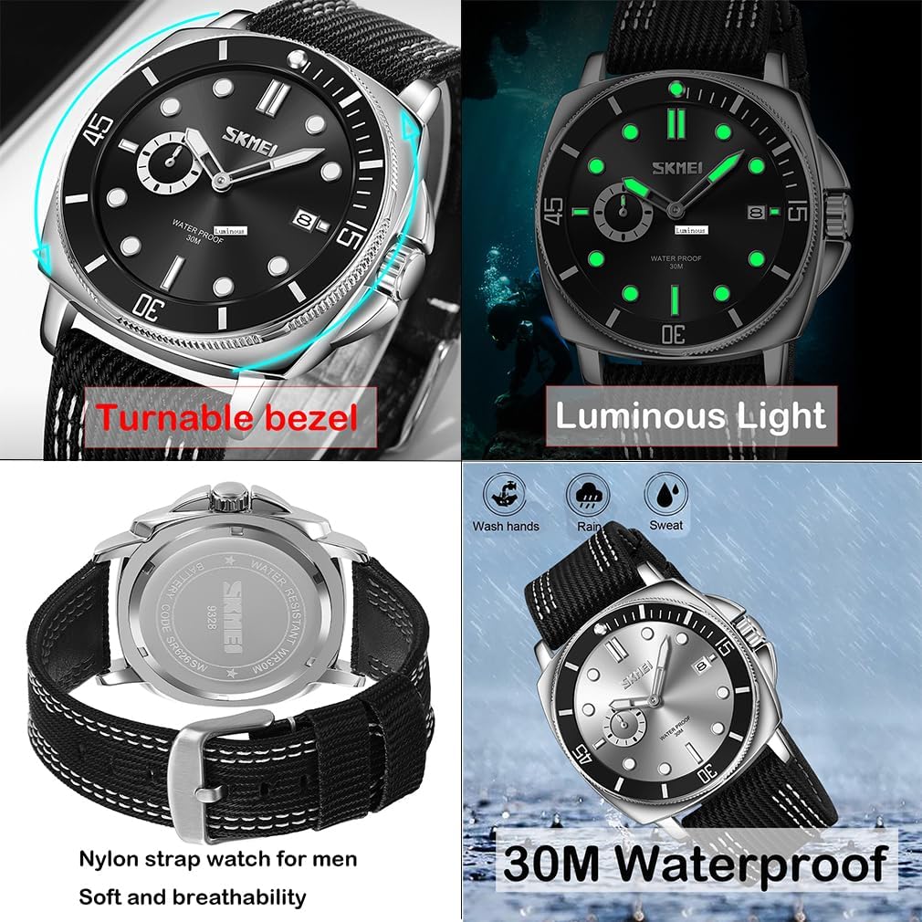 SKMEI Watch for Men Waterproof Fashion Casual Sport Big Face Analog Quartz Luminous Luxury Dress Business Gift Cloth Nylon Strap Black Wrist Watches - Image 4