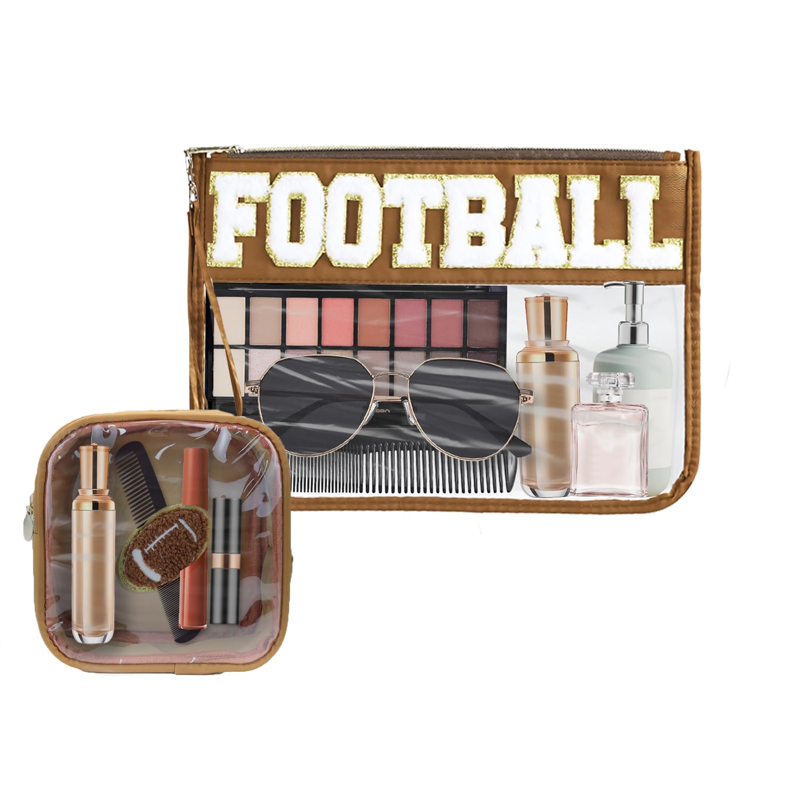 DMJRZTF 2 Pcs Football Gifts Makeup Bag with Chenille Letter Patch Football Travel Pouch Flag Football Bag Football Gifts Football Waterproof Travel