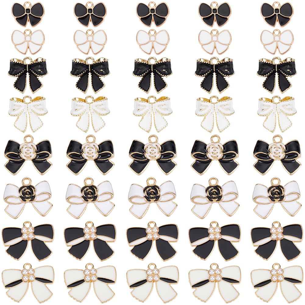 SUNNYCLUE 1 Box 48pcs Valentine Bow Charms Black And White Bow Charms Enamel Small Metal Cute Bowknot Tie Charm With Plastic Pearl For Jewellery Making Bracelet Necklace Earrings Women Supplies Crafts