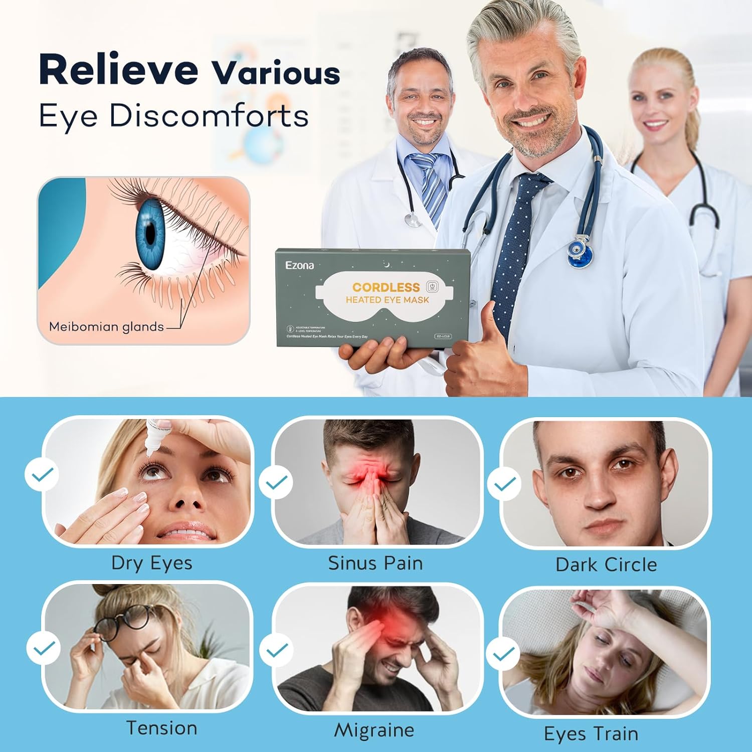 Ezona Cotton Cordless Heated Eye Mask, Warm Eye Compress Mask for Dry Eyes, Washable Eye Heating Pad for Travel, Dry Eyes, Blepharitis, Sinus Migraine (Blue) - Image 2