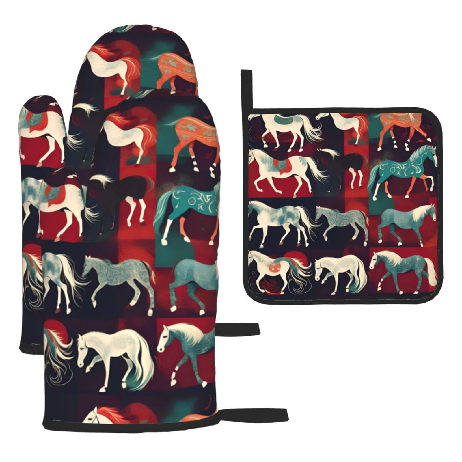 Various Kinds of Horses Print Oven Mitts and Potholders BBQ Gloves-Oven Mitts and Pot Holders for Cooking Baking