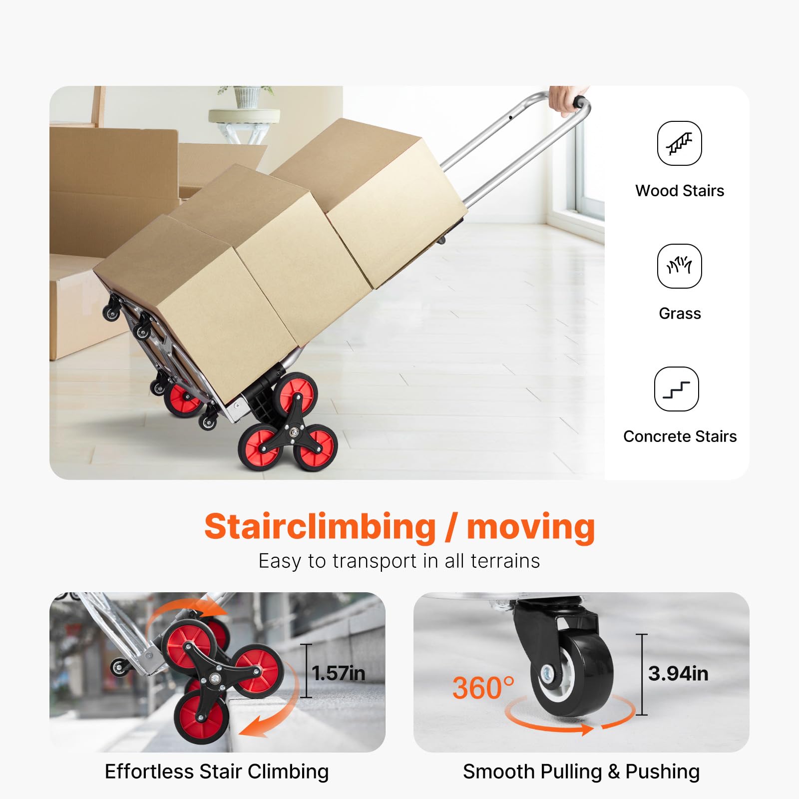 Happybuy Stair Climbing Cart - 260 lbs Capacity, Folding Trolley with 10 Wheels & 2 Elastic Ropes for Moving, Shopping, Home and Warehouse