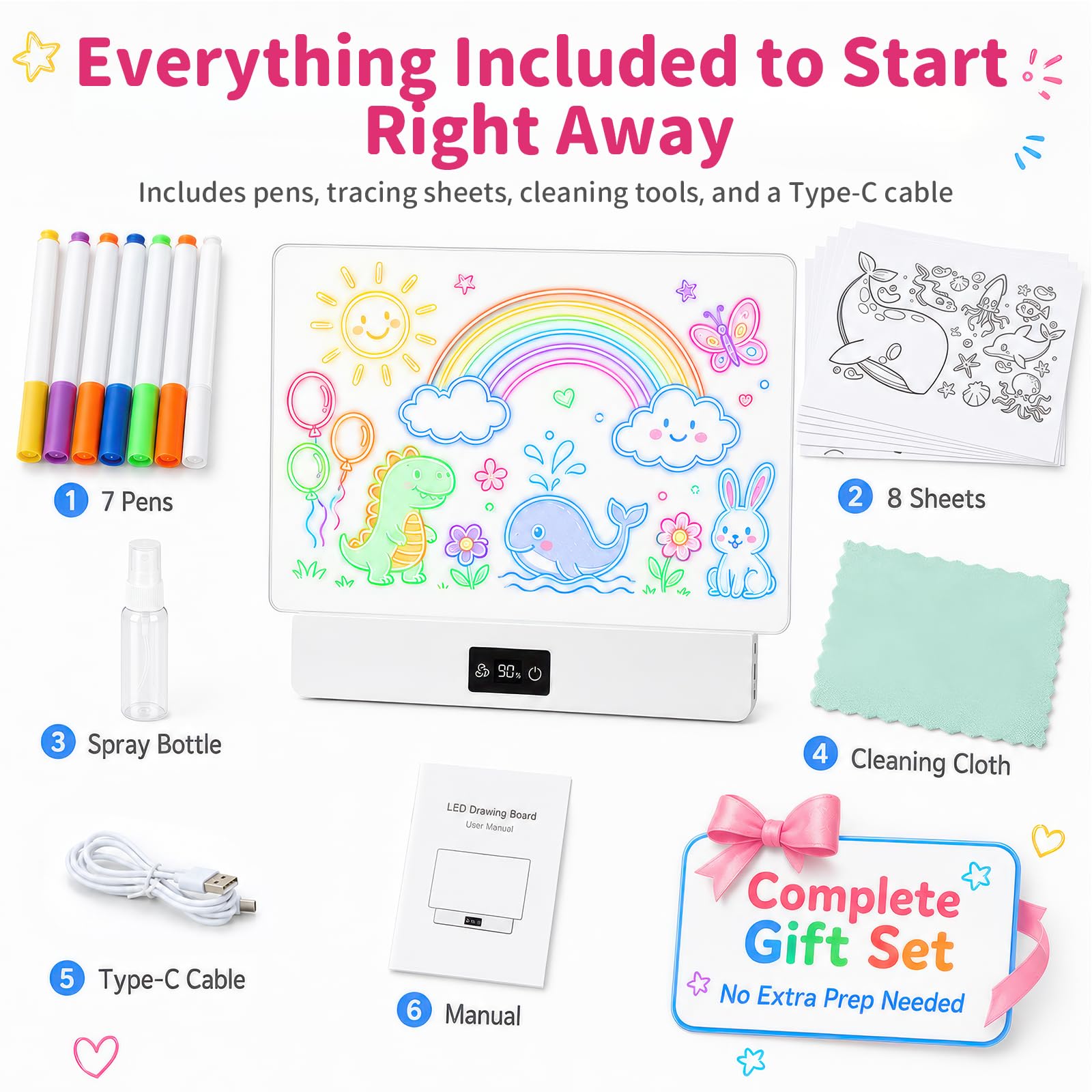OUTON Pizarra LED para Dibujar Niños con 8 Colores y 3 Modos de Luz | Pizarra Luminosa Reutilizable con 7 Rotuladores y Plantillas, Juguete Creativo para Niña y Niño, USB-C