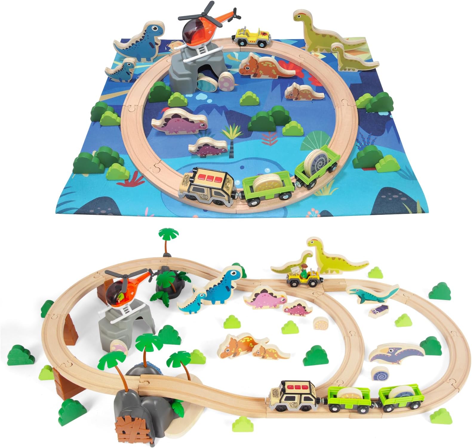 80Pcs Wooden Train Set, Dinosaur Wooden Train Track Set, Wood Toy Train Set for Toddlers 2-4, Train Toys for Toddlers 3-5, Fits Thomas, Fits Brio, Fits Melissa and Doug