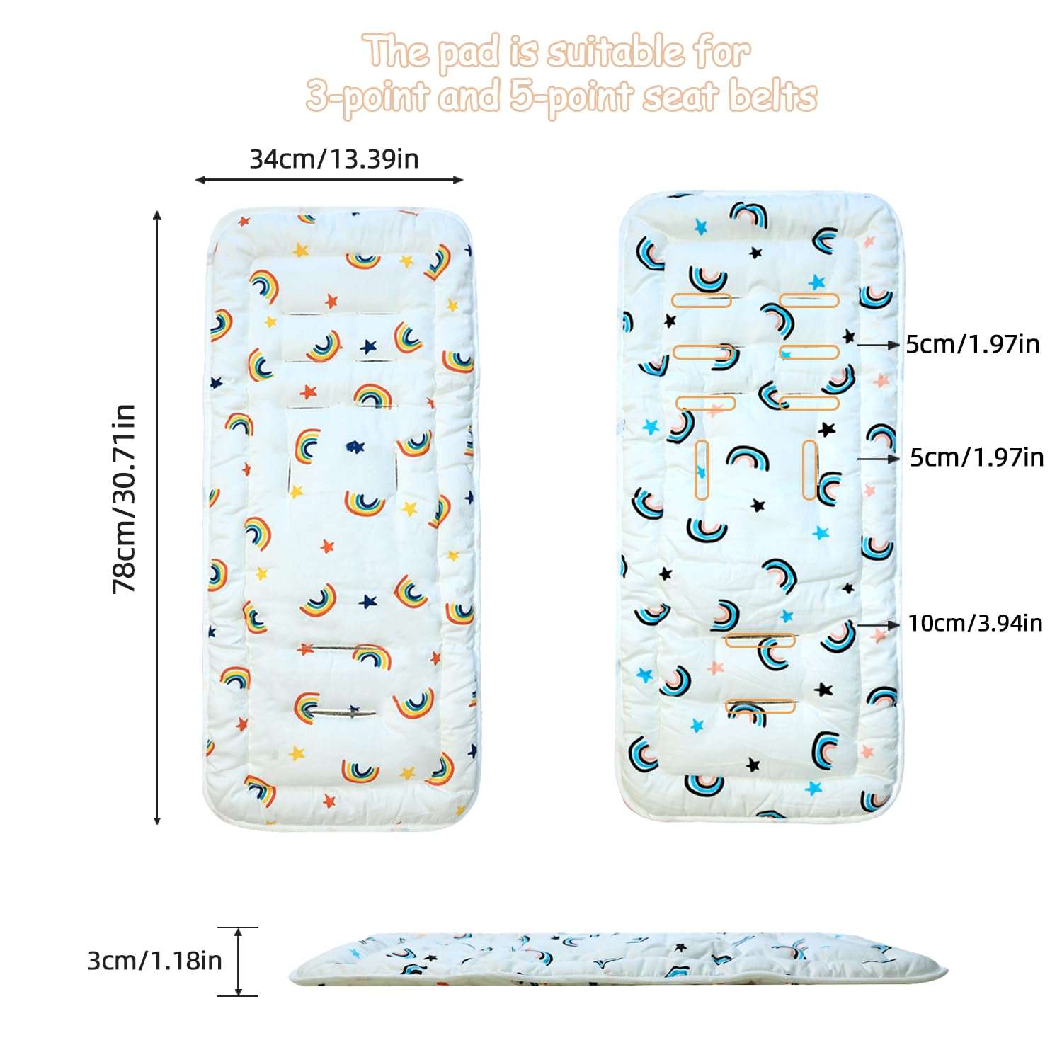 Universal Pushchair Pram Liner Cotton Baby Pushchair Seat Liners Double-Sided Use Baby Stroller Cushion Pad for Toddler Infant 78x34cm (Orange Blue Rainbow) - Image 2