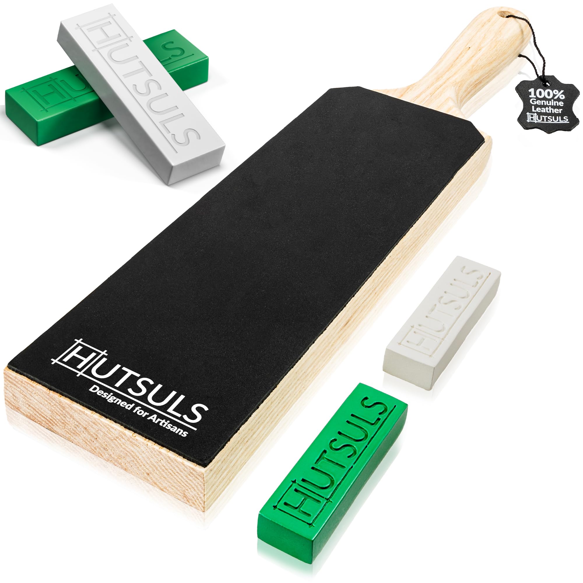 Leather Strop for Knife Sharpening - Get Razor-Sharp Edges with 3" x 9" Knife Strop White & Green Stropping Compound with Case - (2-Pack, Total 5 Oz)