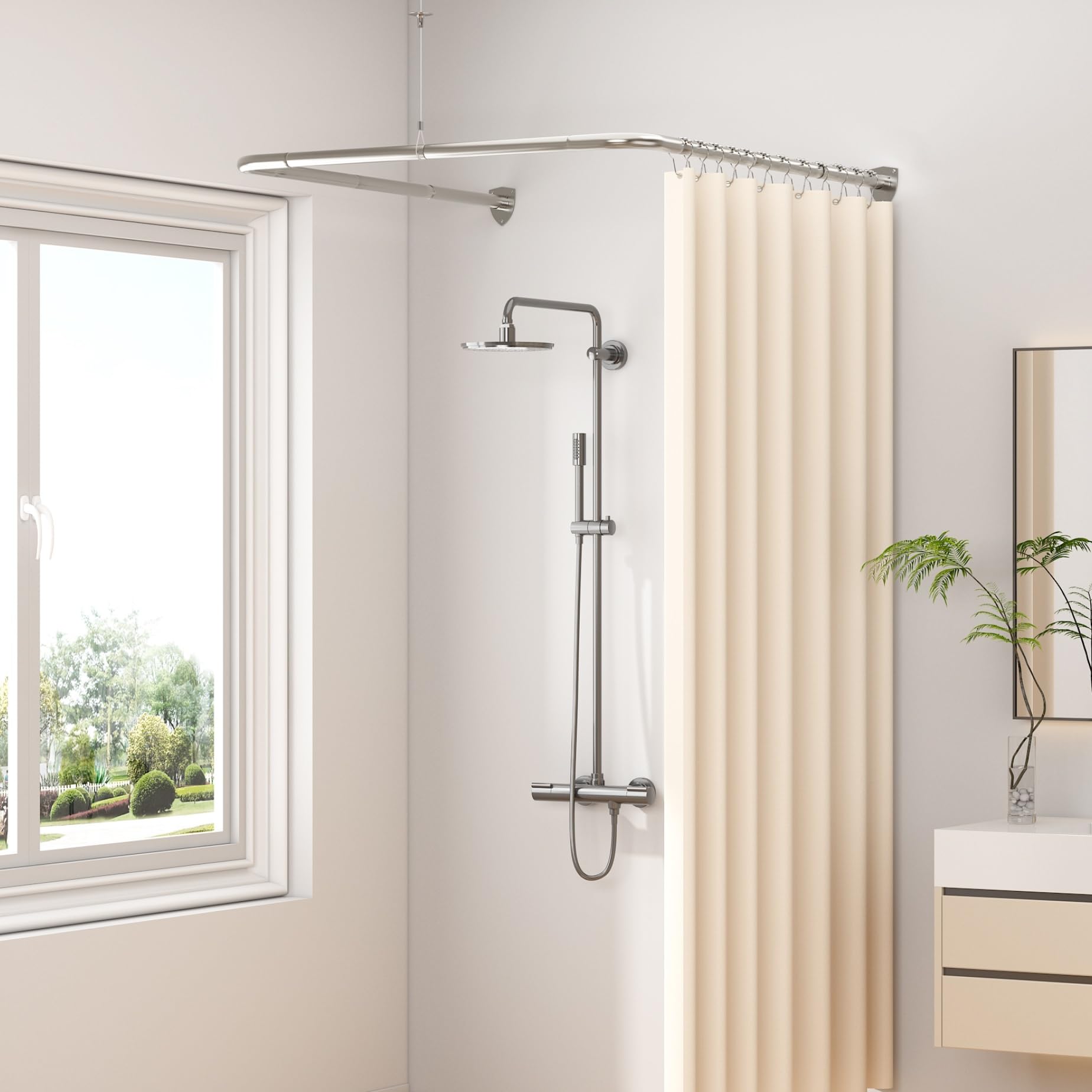 Barra per tenda doccia a forma di U, asta angolare con 12 anelli per tende e supporto a soffitto per vasca/bagno, montaggio a parete necessario [Entrambi i lati: 60 cm - 132 cm, Centro: 78 cm - 118 cm
