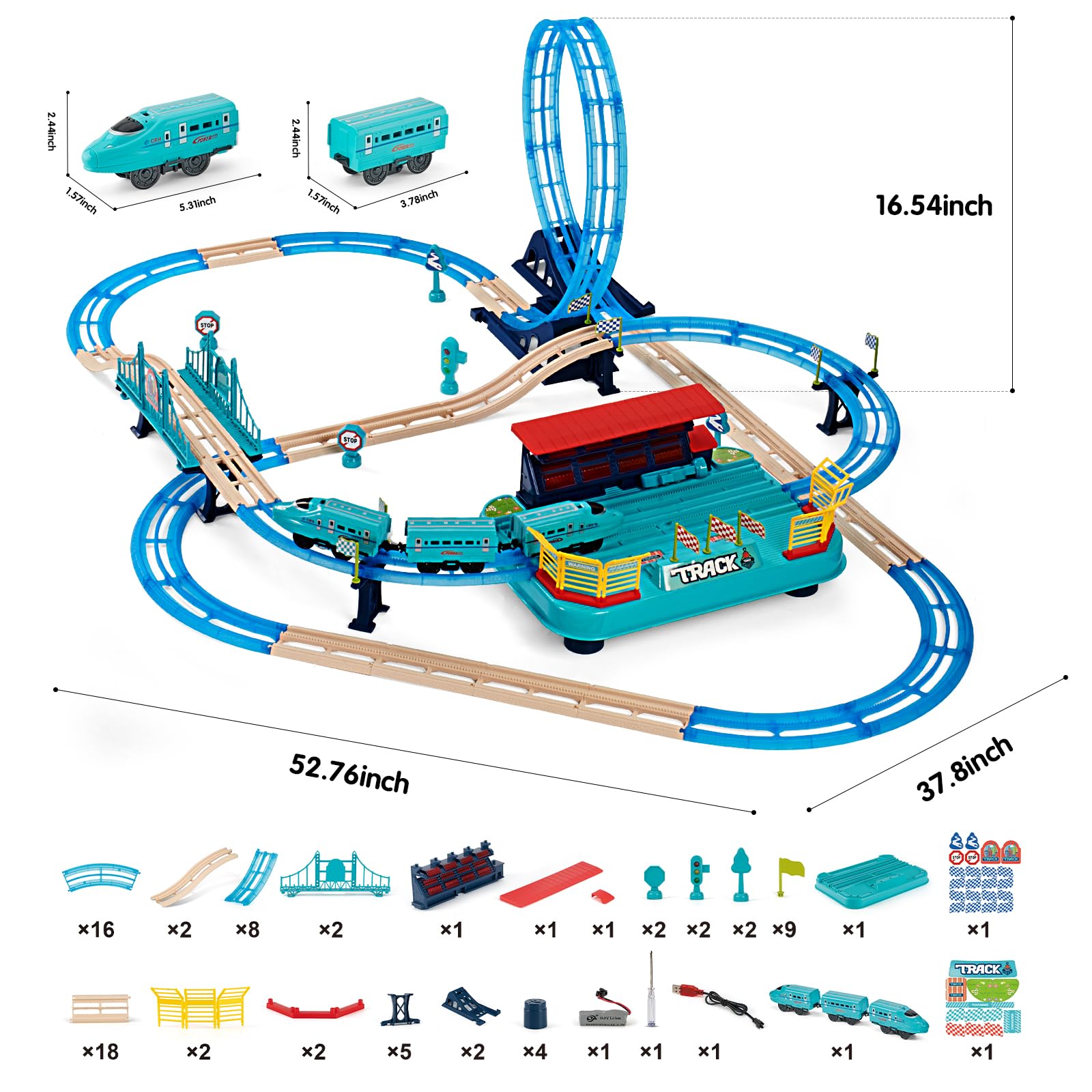 Toy Train Race Track Set - Battery-Powered Electric Toddlers Travel Train Railroad Toy, Glow in The Dark High Speed Raiway Racer Car Track Playset, DIY Birthday Gifts for Kids Boys Girls 1