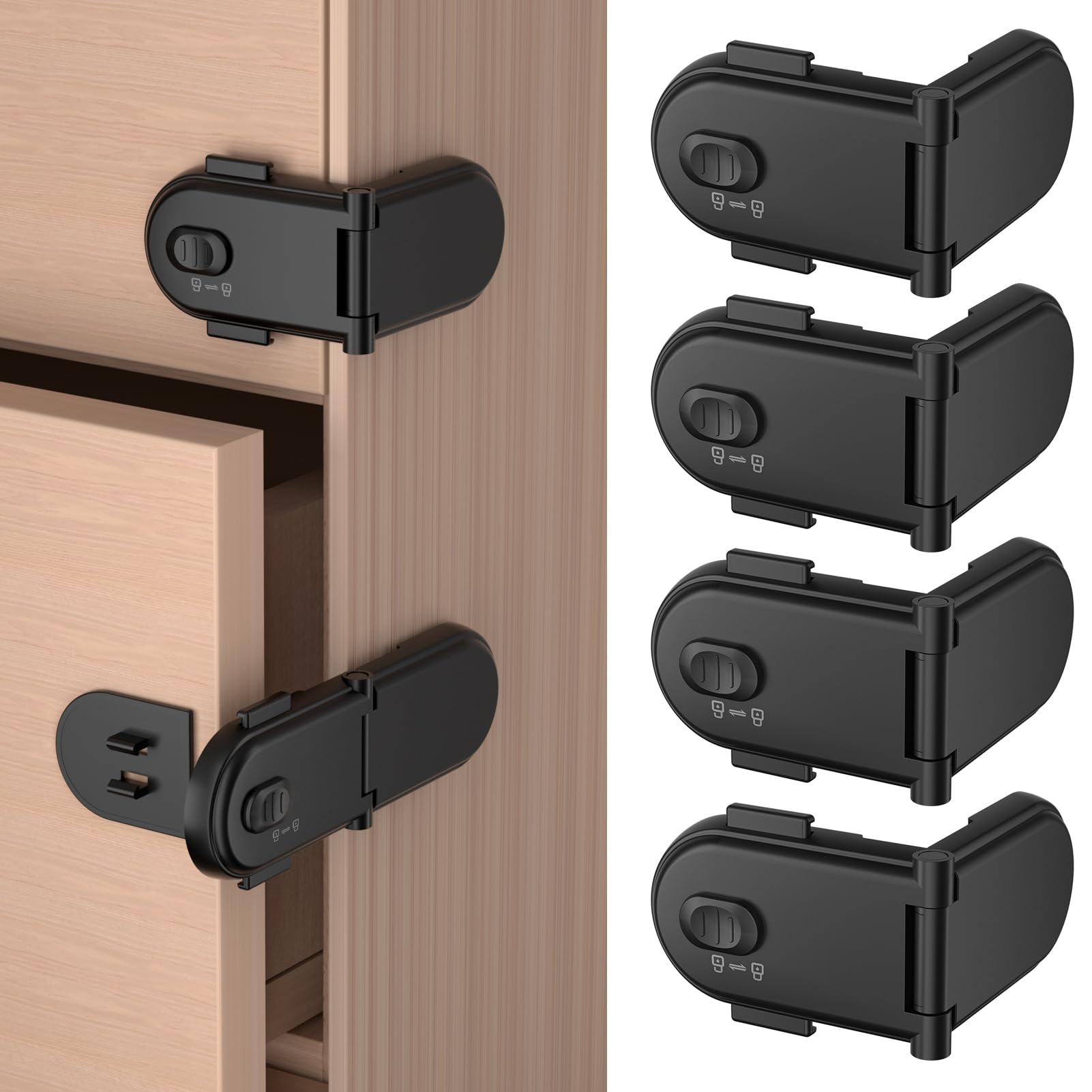REDTRON Kindersicherung Schrank mit Doppeltem Sicherheitsschalter (4 Pack, Schwarz), kindersicherung kühlschrank mit 3M-Kleber, Schranksicherung Baby, Keine Werkzeuge erforderlich, Einfache Montage