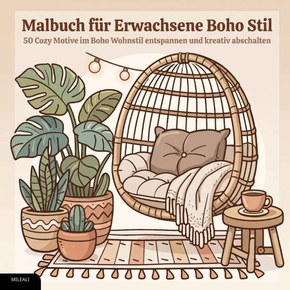 Malbuch für Erwachsene – Boho Stil: 50 Cozy Motive im Boho Wohnstil – entspannen und kreativ abschalten