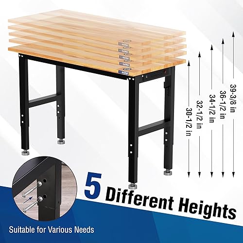 Miniatura 3 de WORKPRO Banco de trabajo ajustable de 48 pulgadas, estación de trabajo resistente con parte superior de madera de goma, capacidad de carga de 1500