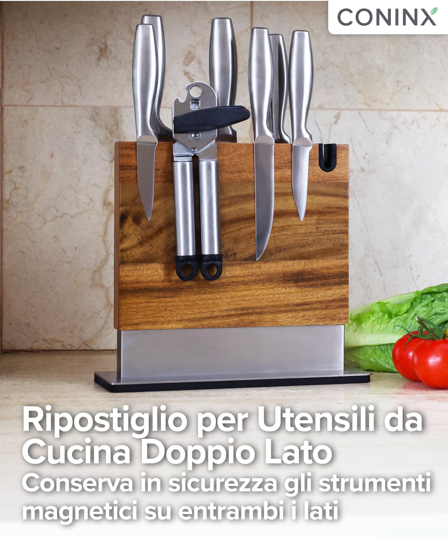Coninx Ceppo Portacoltelli Magnetico con Affilatore Integrato – Portacoltelli in Legno di Acacia – Portacoltelli universale con Base Antiscivolo per Piano di Lavoro della Cucina