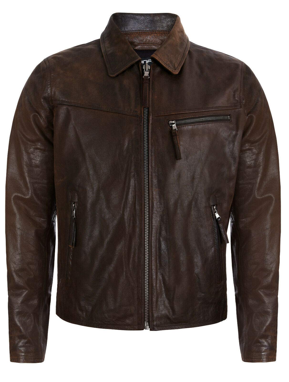 Infinity Leather Men's Brown Smart Real Soft Genuine Cow Leather Classic Collar Harrington Jacket Xl