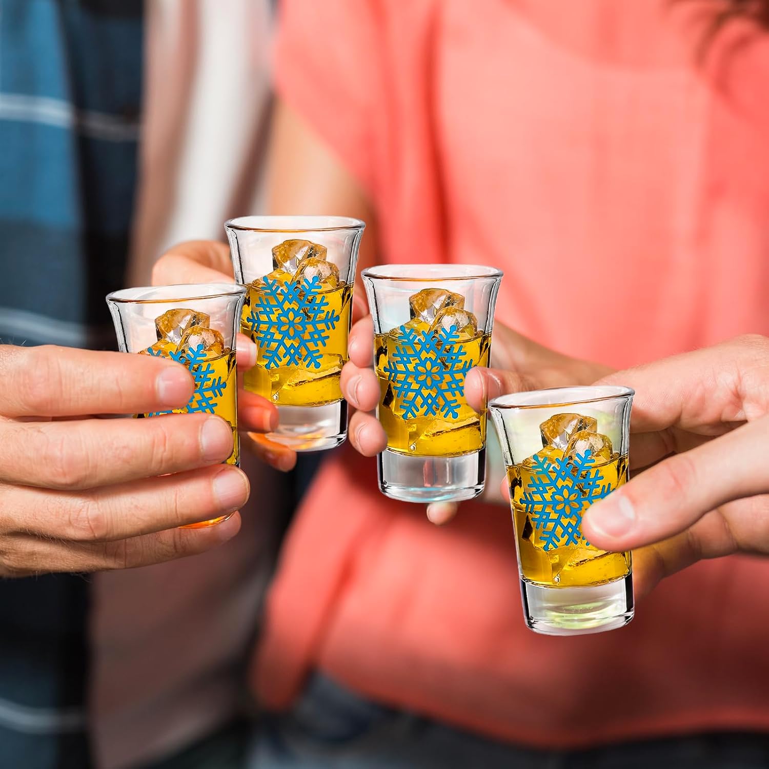 Whaline 24 Pcs Winter Christmas Shot Glasses Blue Snowflake 1.5oz Heavy Base Clear Shot Glass Cups Boxed for Xmas Holiday Drink Party Favor Supplies
