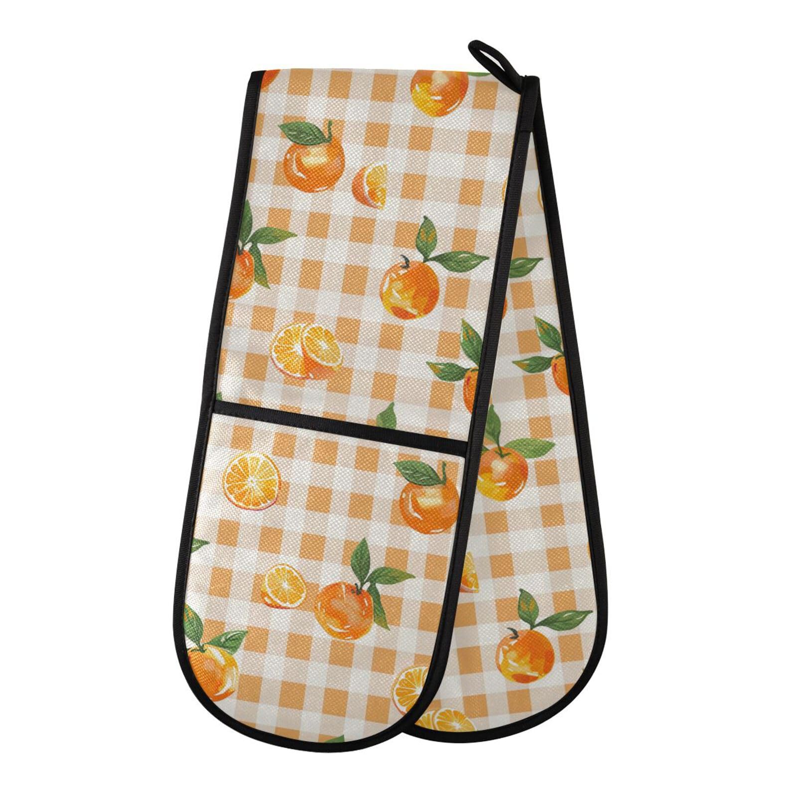Double Oven Gloves Orange on A Gingham Heat Resistant Pot Holder Oven Mitt Gloves for BBQ Cooking Baking Grilling Microwave